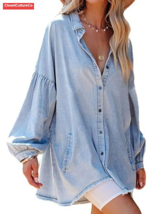 Tops - Oversized Distressed Denim Button Down Tunic Mini Dress with Pockets